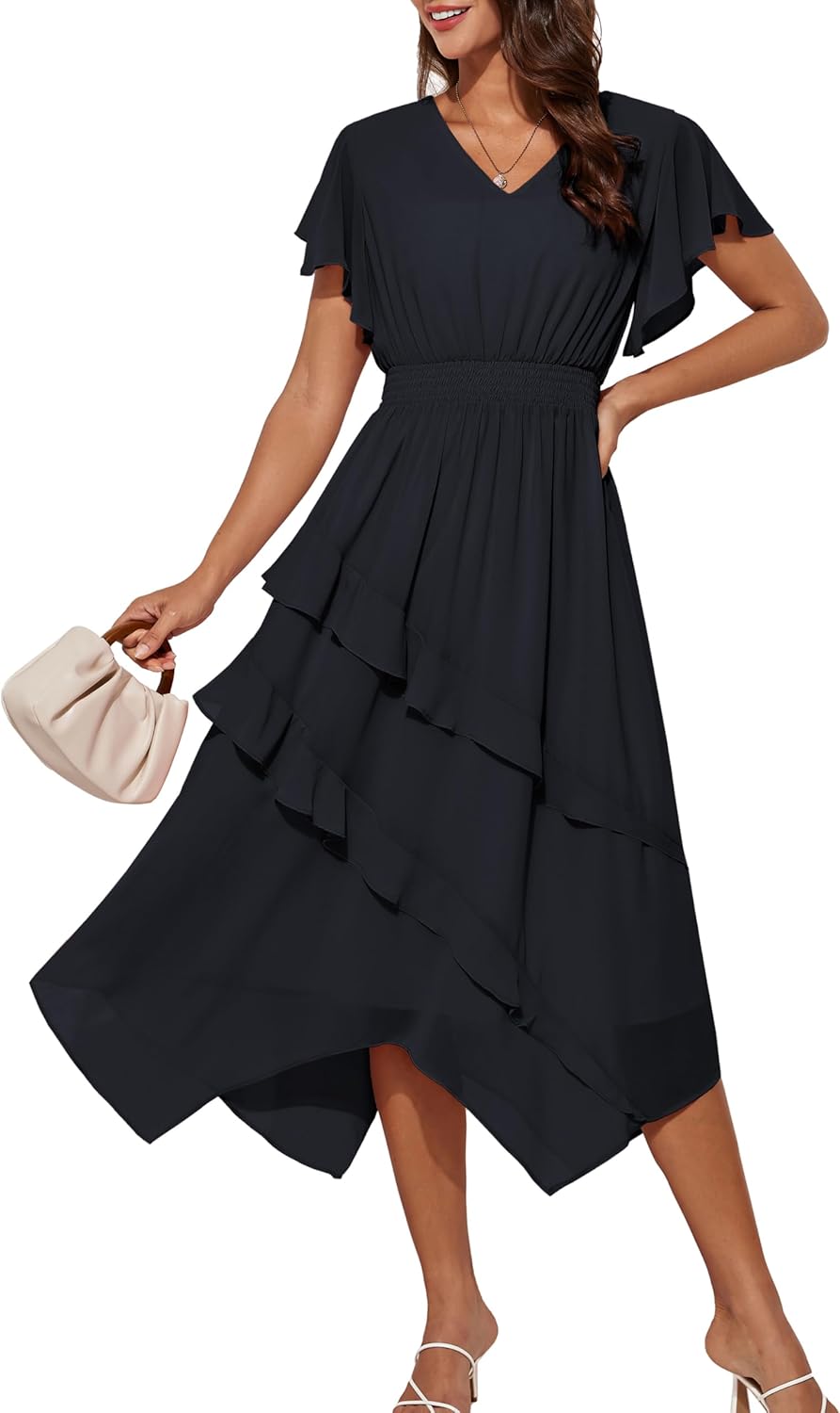 Clara Women's A-Line Dress – V-Neck, Ruffle Sleeves, Elastic Waist Summer