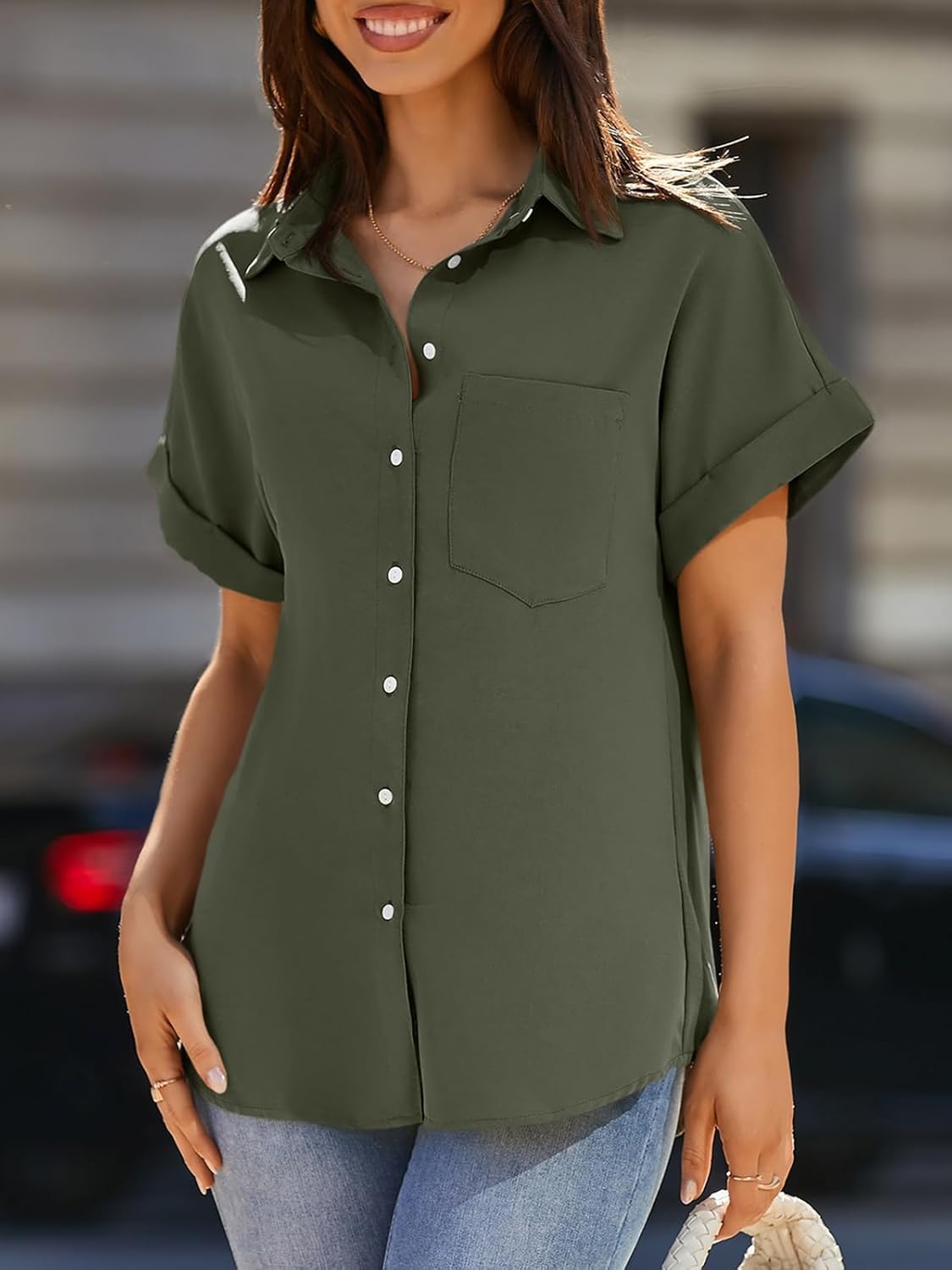 Marina Bluse Damen – Gestreifte Bluse mit V-Ausschnitt und Knöpfen