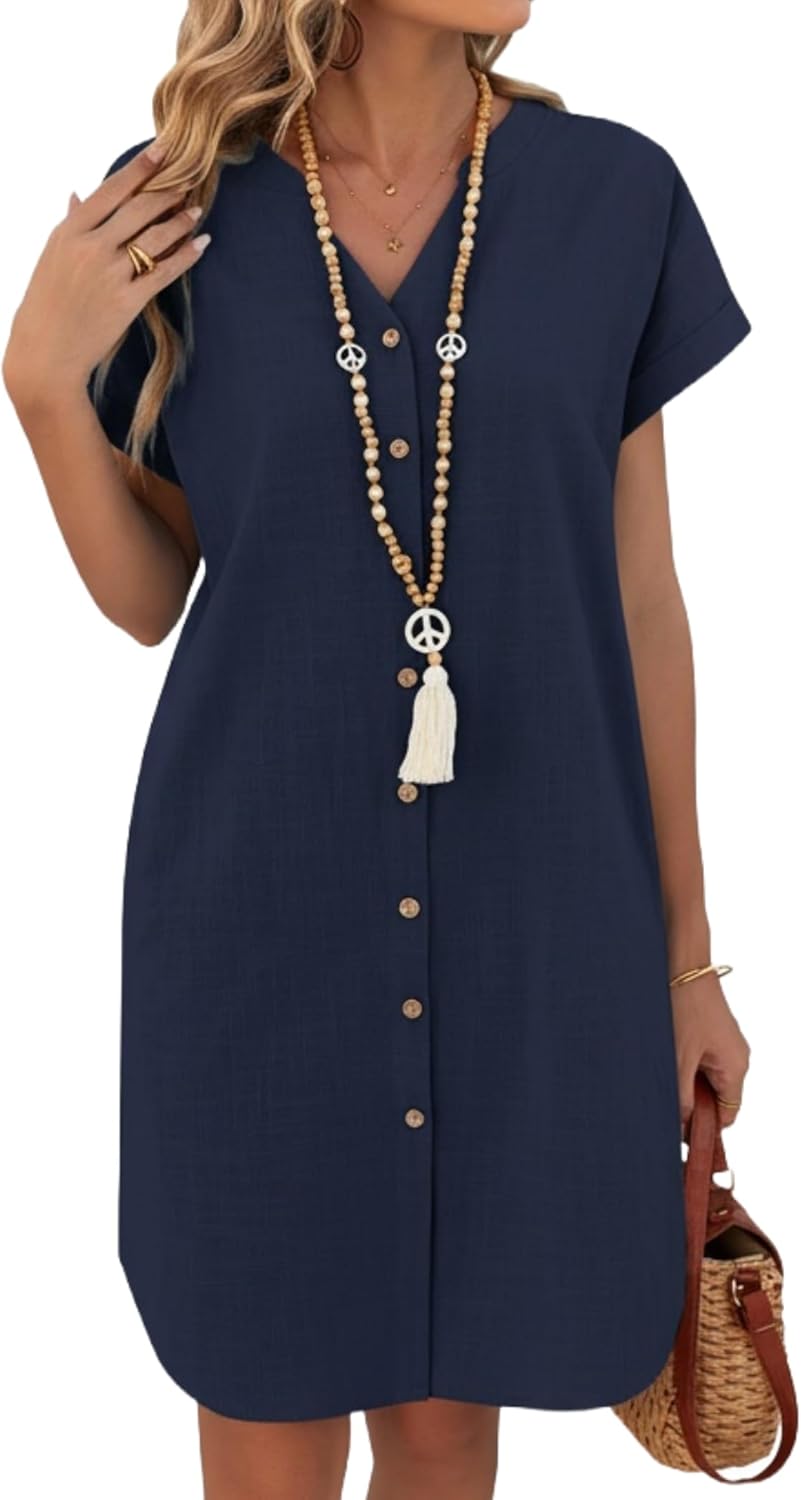 Clara Robe Chemise Femme Lin – Col V Henley, Manches Courtes, Poches Été
