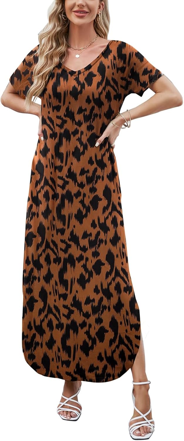 Julie Maxikleid Damen – Langes Kleid mit V-Ausschnitt und Schlitz, lässig, fließend und elegant für den Sommer