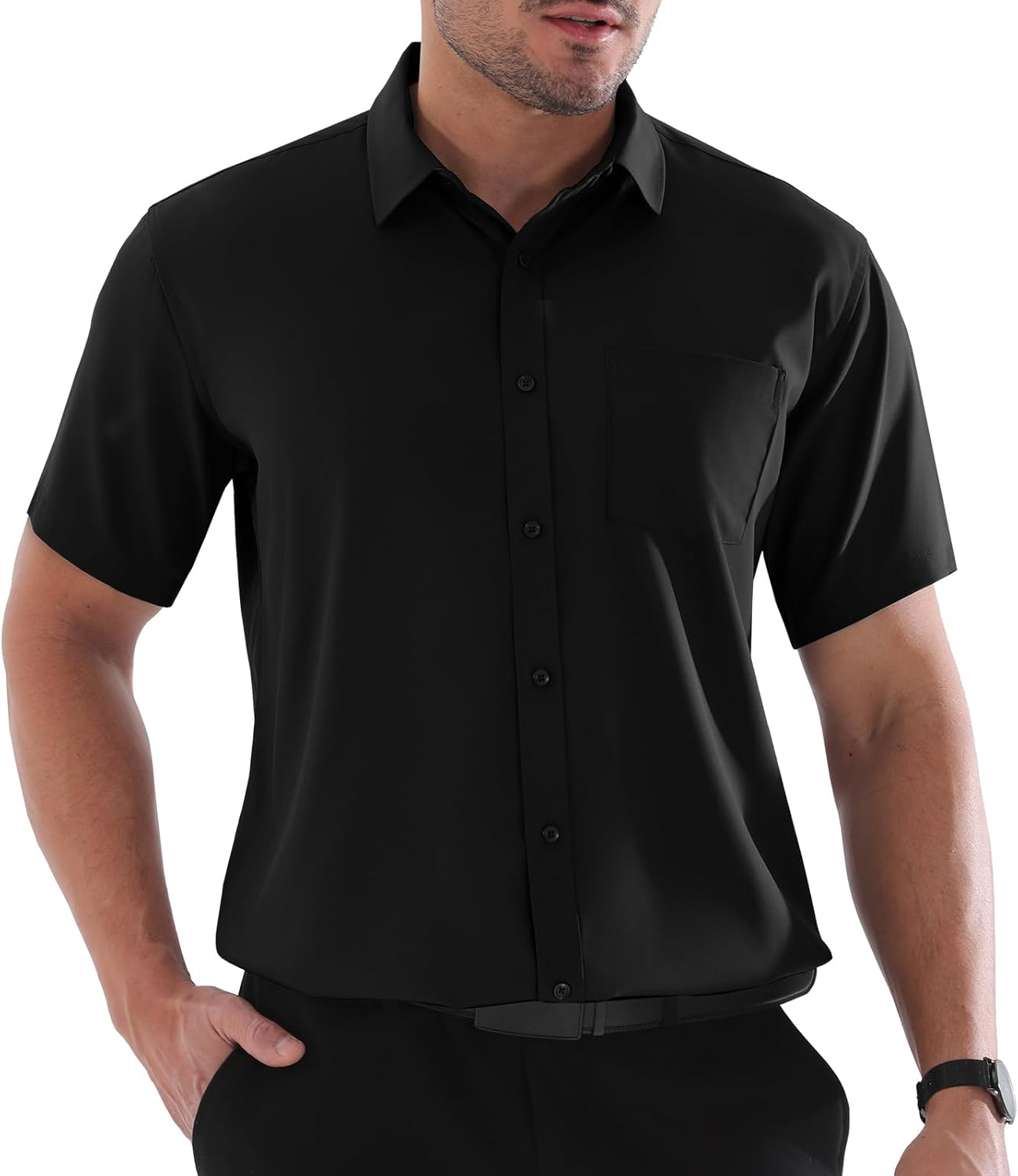 Camisa Homem Marc Tamanhos Grandes – Camisa Stretch Manga Curta Casual de Negócios