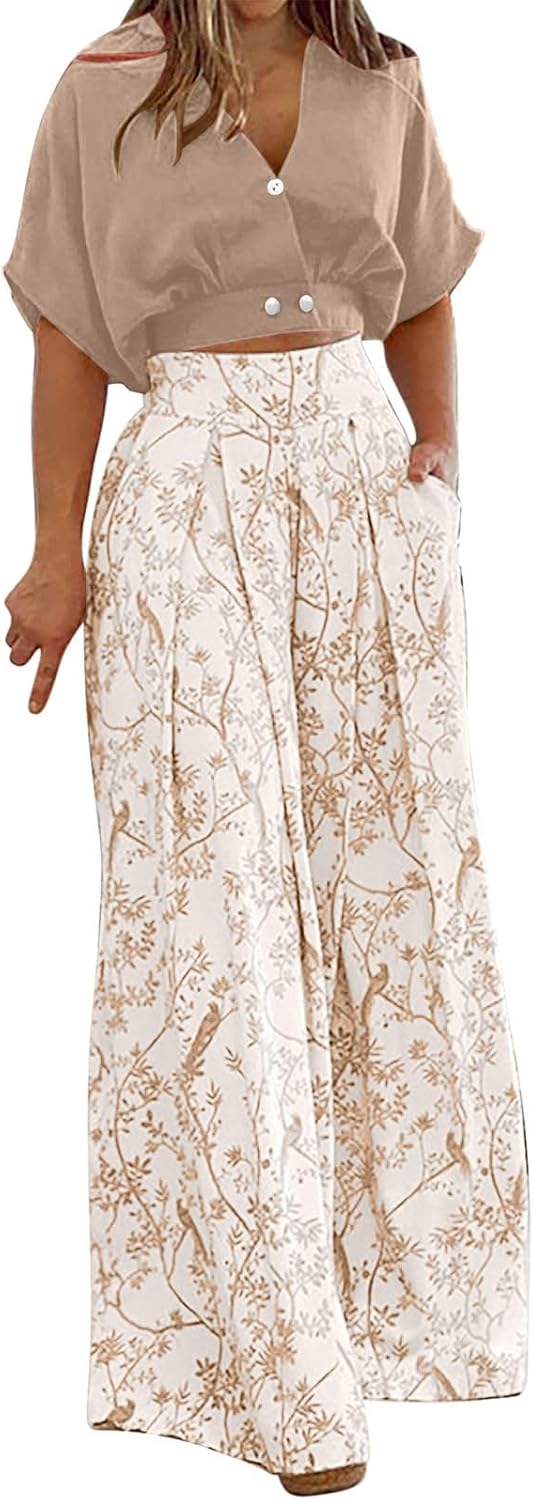 Amara Ensemble Femme 2 Pièces – Blouse Col V et Pantalon Large Fleuri