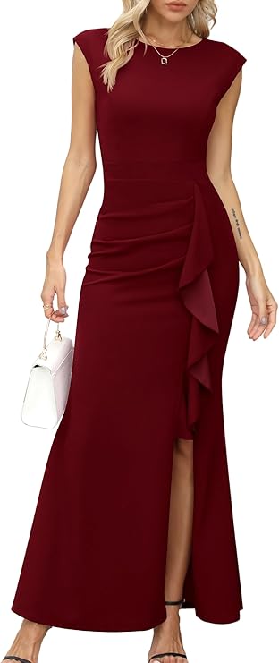 Rhea Dámský Dlouhý Župan – Siréna Střih, Kulatý Výstřih & Elegantní Rozparek s Volánky na Večer