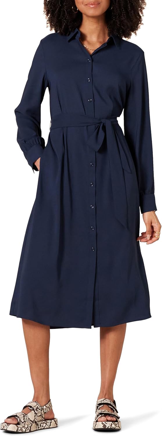Sukienka koszulowa damska Sophie midi – klasyczny kołnierz, długie rękawy, elegancki pasek