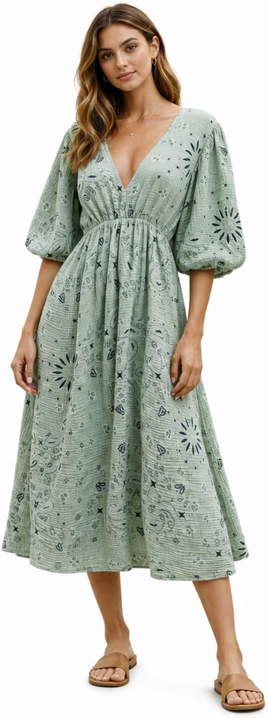 Vestido Giulia para mujer – Vestido midi de algodón con cuello en V, mangas 3/4, corte fluido, estilo bohemio, verano
