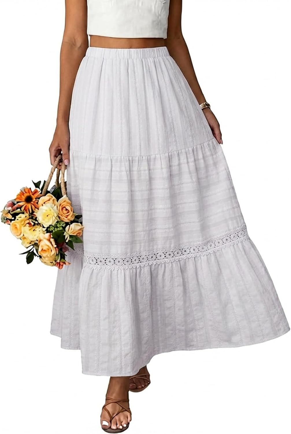 Falda Maxi Breilla para Mujer – Falda Bohemia de Algodón, Encaje de Crochet y Fluida