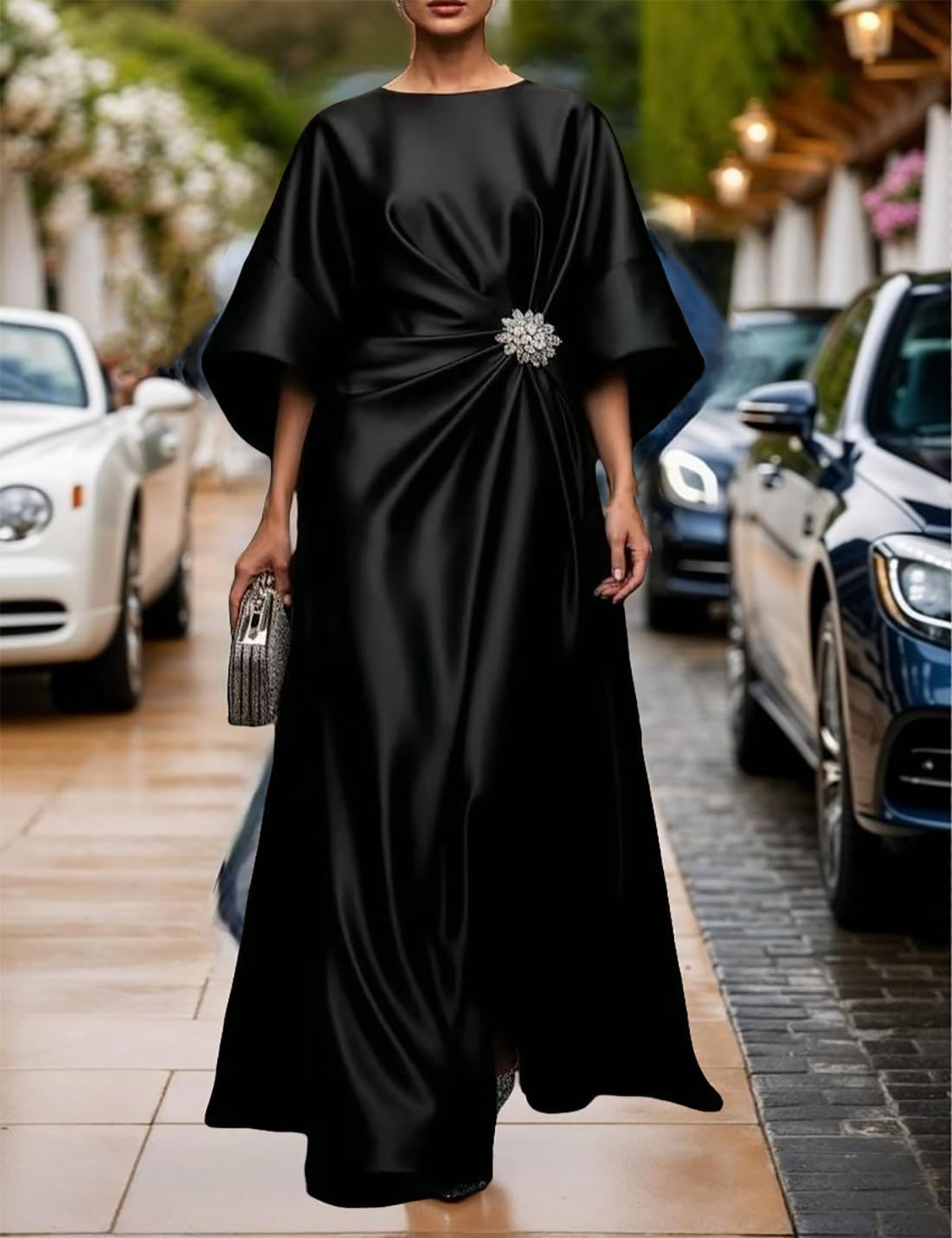 Vestido Longo de Cetim Victoria para Mulher – Vestido Elegante com Mangas Morcego e Cintura Plissada