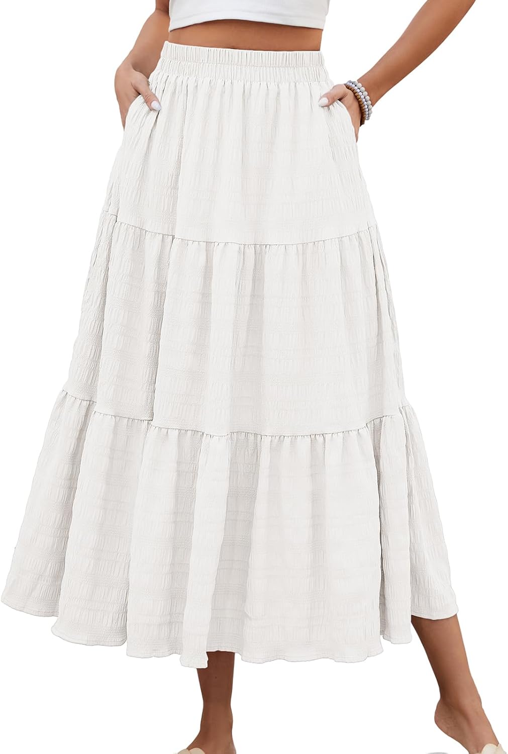 Neyla Maxi Skirt for Women – Bohemian High-Waisted Smocked Skirt with Ruffles and Pockets