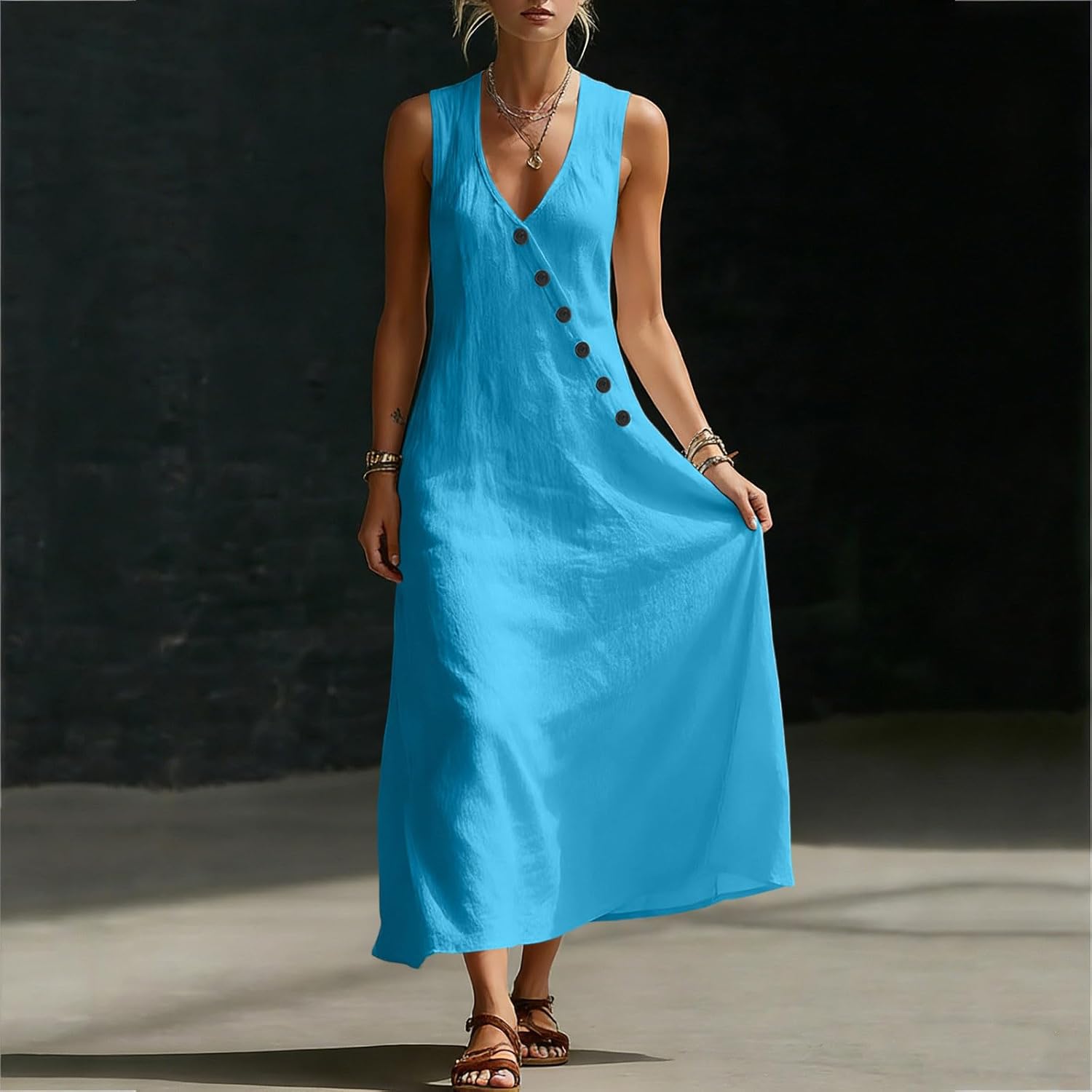 Laura Abito Donna – Abito Midi Cotone Scollo a V Senza Maniche Bottoni Taglio A-Line Estate