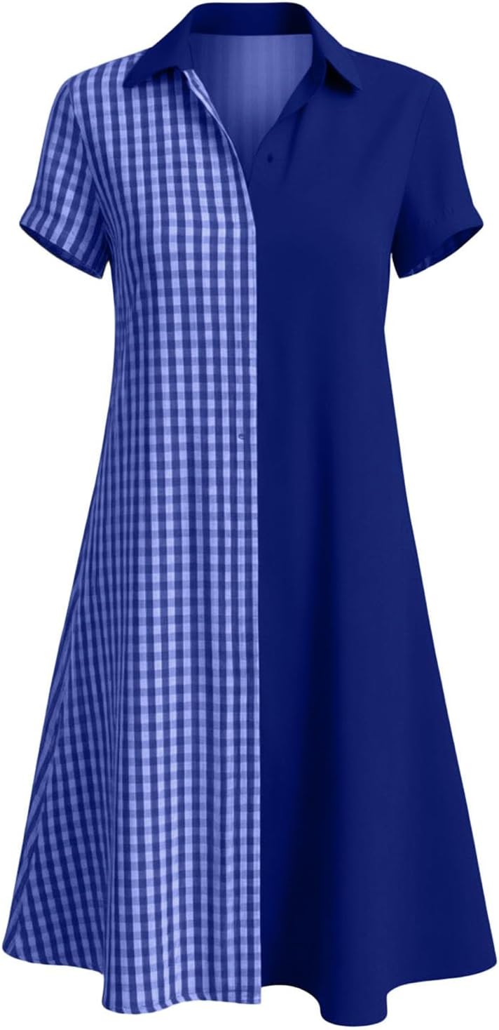 Julie Damenkleid – Kariertes Kleid mit V-Ausschnitt, kurzen Ärmeln, fließendem Schnitt, Boho-Stil, Sommer