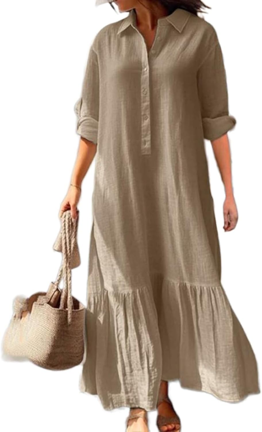 Vestido Longo Élina para Mulher em Algodão e Linho – Vestido Camiseiro Largo com Bainha Assimétrica