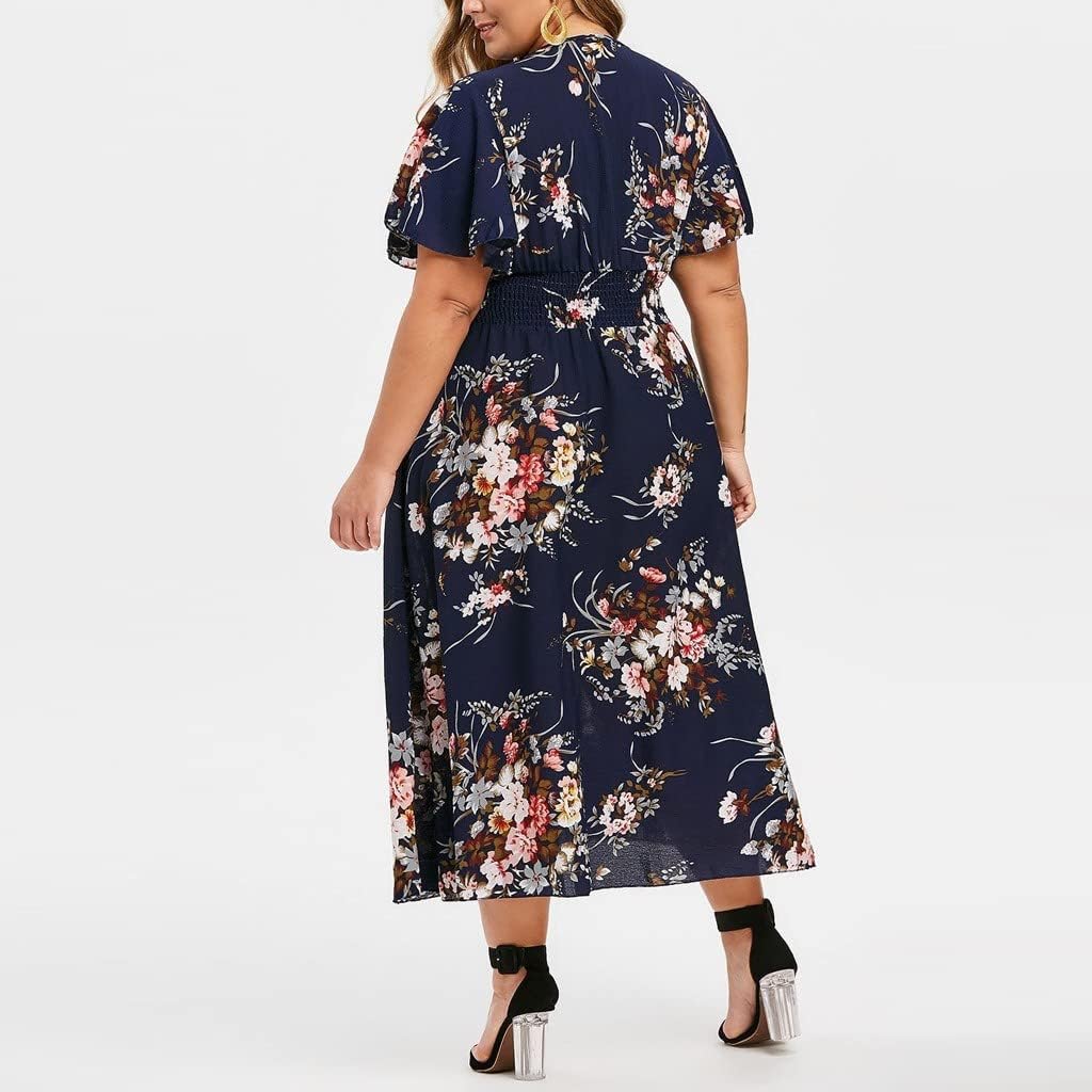 Élise Robe Femme – Robe Midi Fleurie Col V A-Line Lin Coton Fluide Élégante Été