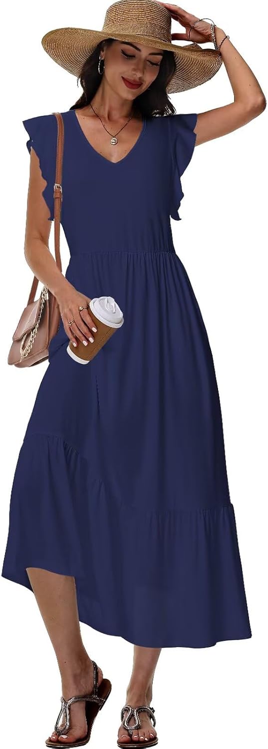 Elena Damenkleid – Midikleid mit Blumenmuster, V-Ausschnitt, fließendem Schnitt und Taschen, Sommer