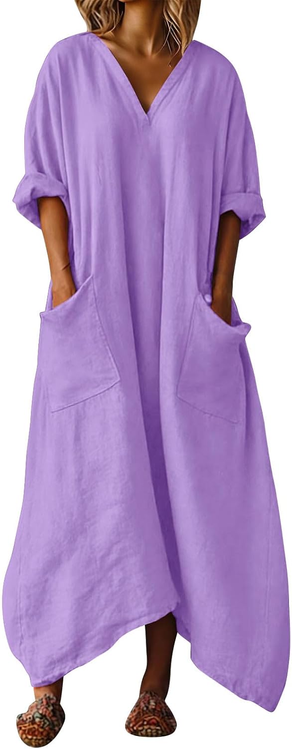 Mila kjole til kvinder – maxi linnedkjole med V-hals, 3/4 ærmer, A-formet oversize pasform, sommer