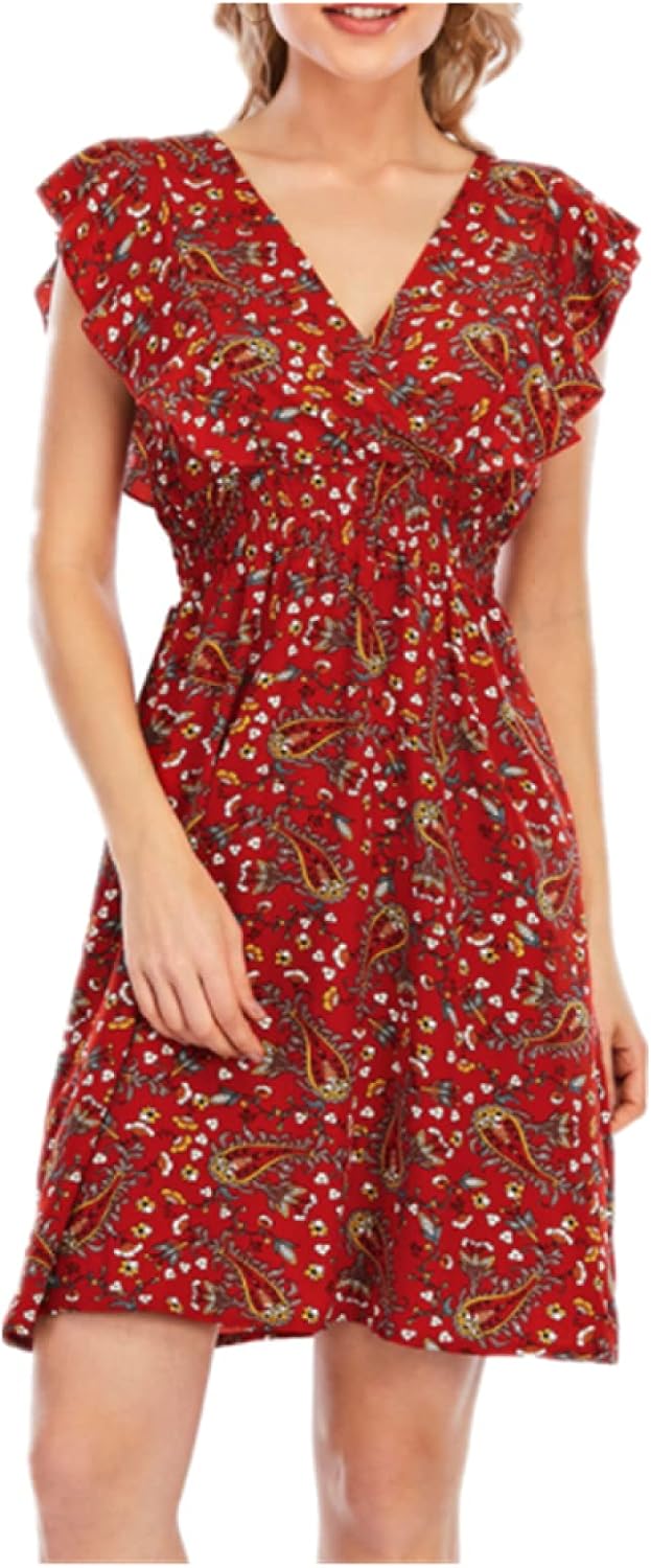 Vestido Mini Ada para Mulher – Musselina Floral com Decote em V e Folhos Vermelho