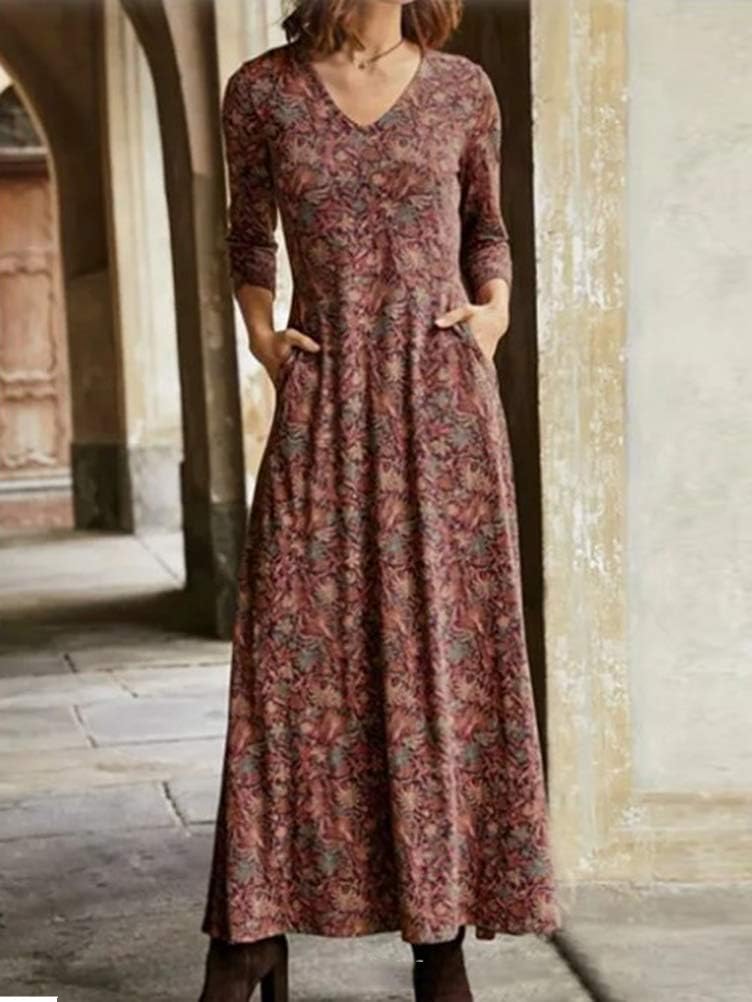 Camille Damen Maxikleid – Blumiges Boho-Kleid mit V-Ausschnitt und Taschen