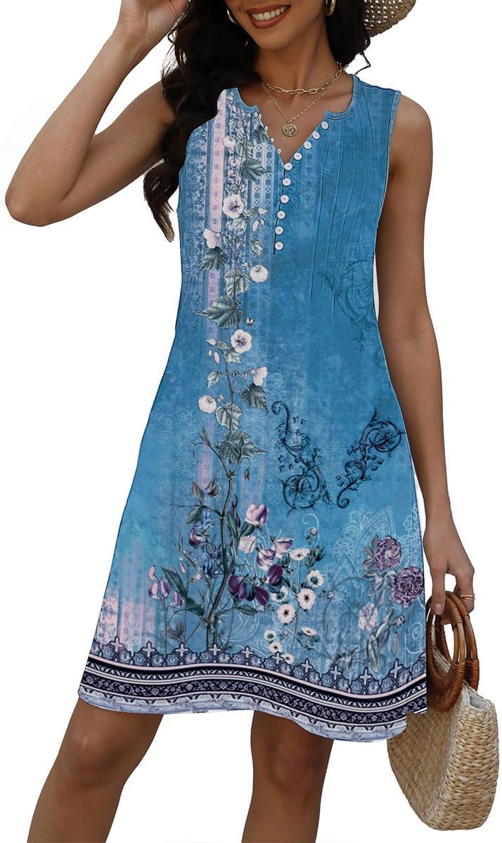 Lucie Robe Femme – Robe Bohème Fleurie Col V Sans Manches A-Line Midi Été