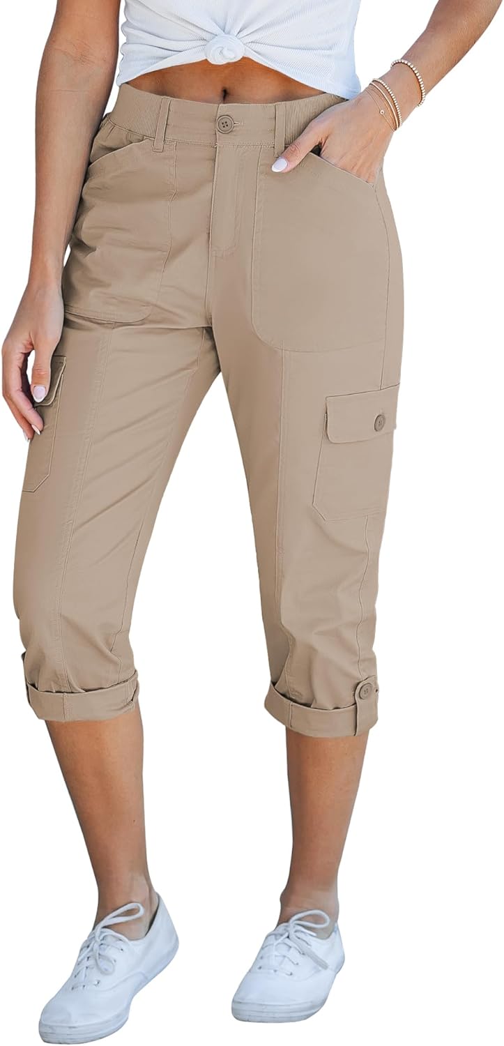 Laurice Damenhose Cargo Capri – Hoher elastischer Bund, Viele Taschen, Lässig