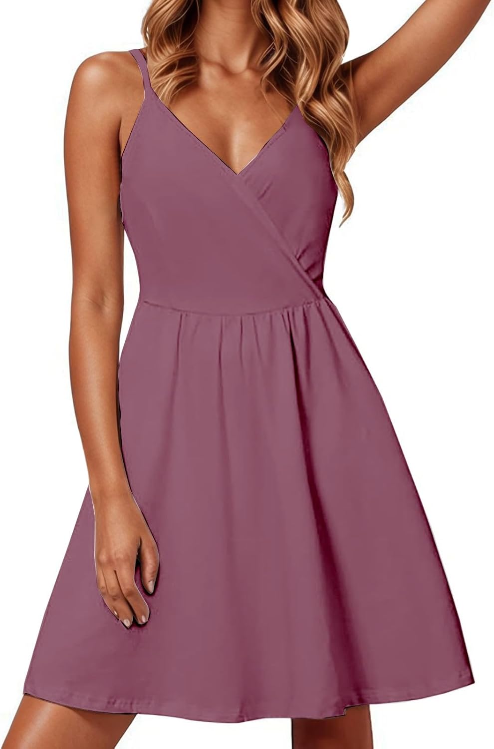 Chloe Robe Femme – Robe Satin Mini Col V Bretelles Fines Poches Élégante Soirée