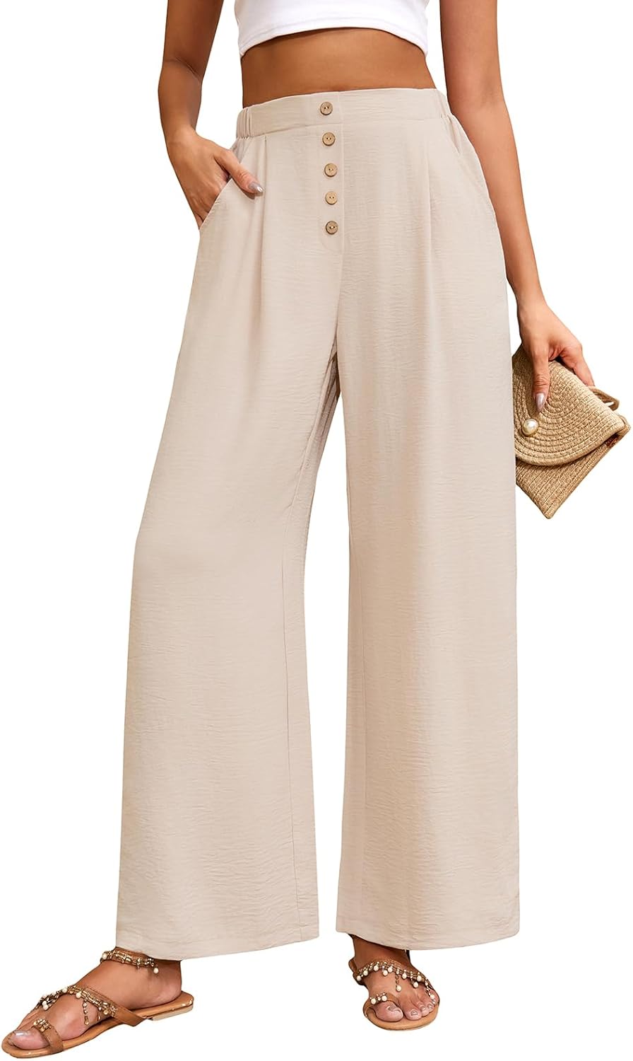 Élodie Pantalon Palazzo Femme – Pantalon Large Taille Haute Fluide avec Poches