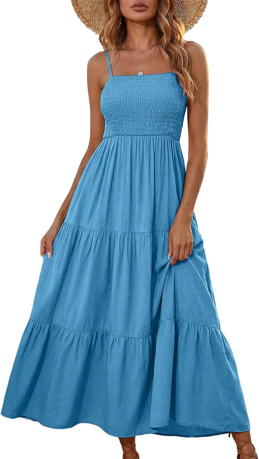 Léa Robe Femme – Robe Maxi Bohème Col Carré Smockée Volants Fluide Été