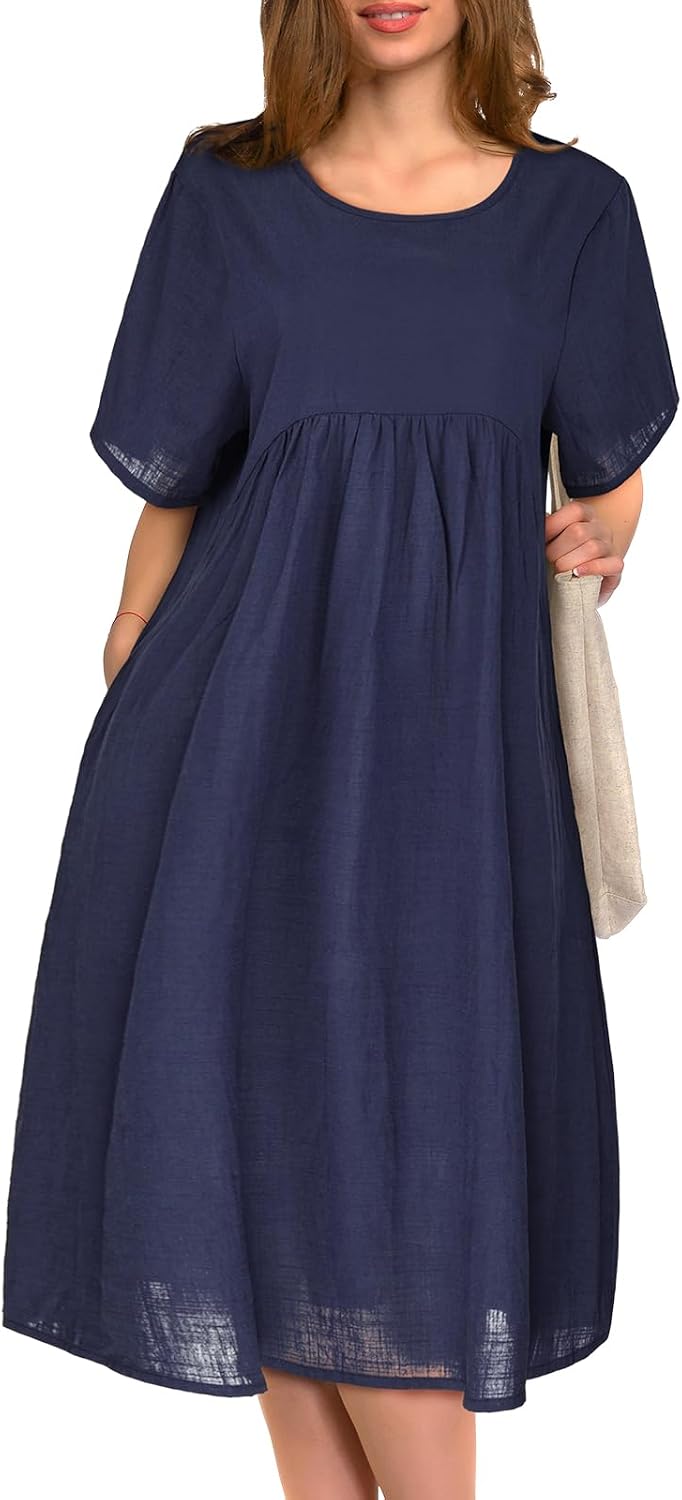June Robe Midi Femme Grande Taille – Coton Col Rond Manches Courtes & Poches