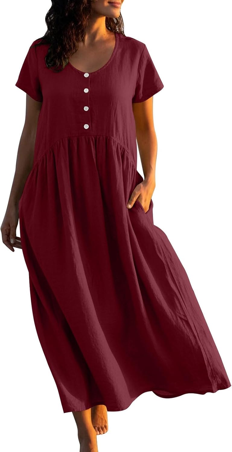 Emma Women's Dress – Maxi Dress with Round Neck, Short Sleeves, Flowing Cut, Elegant Summer Dress