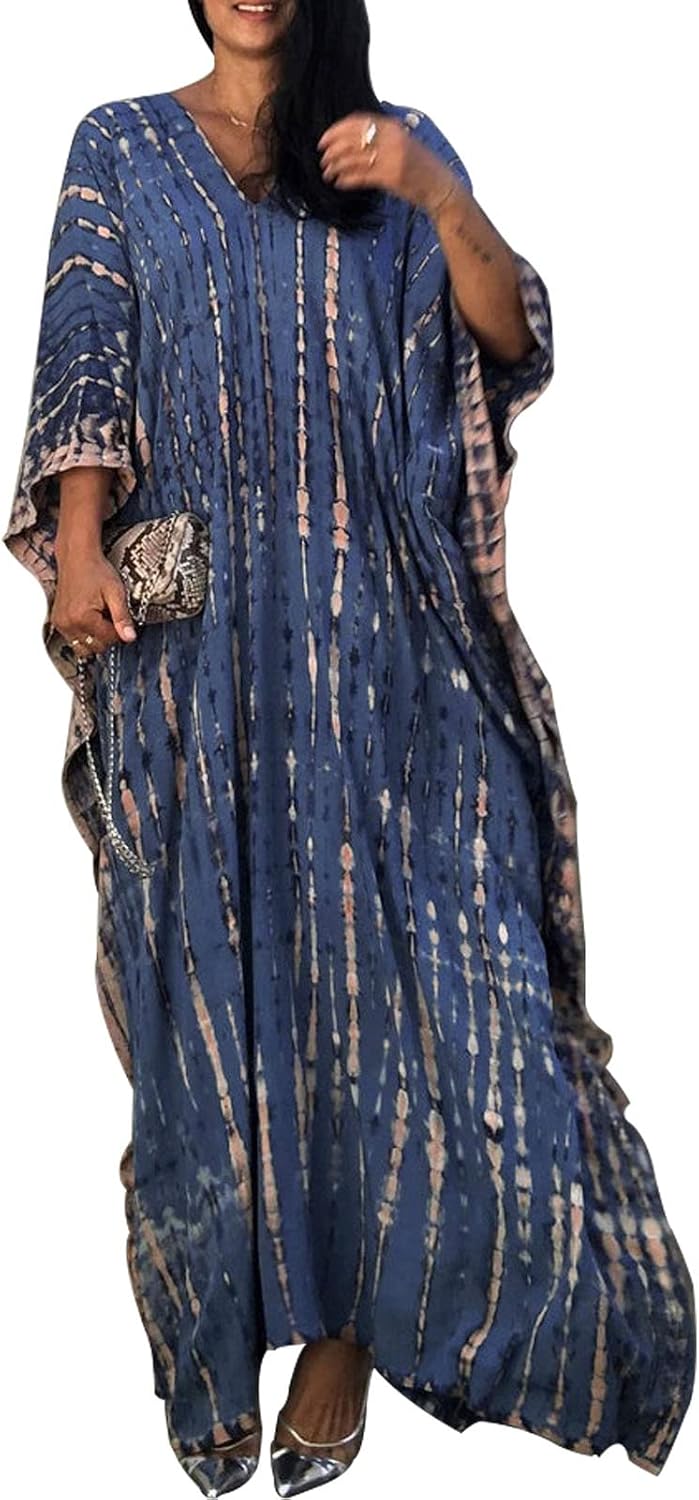 Zéliane dugački ženski kaftan boho cvjetnog uzorka – maksi haljina za plažu s V-izrezom i šišmiš rukavima