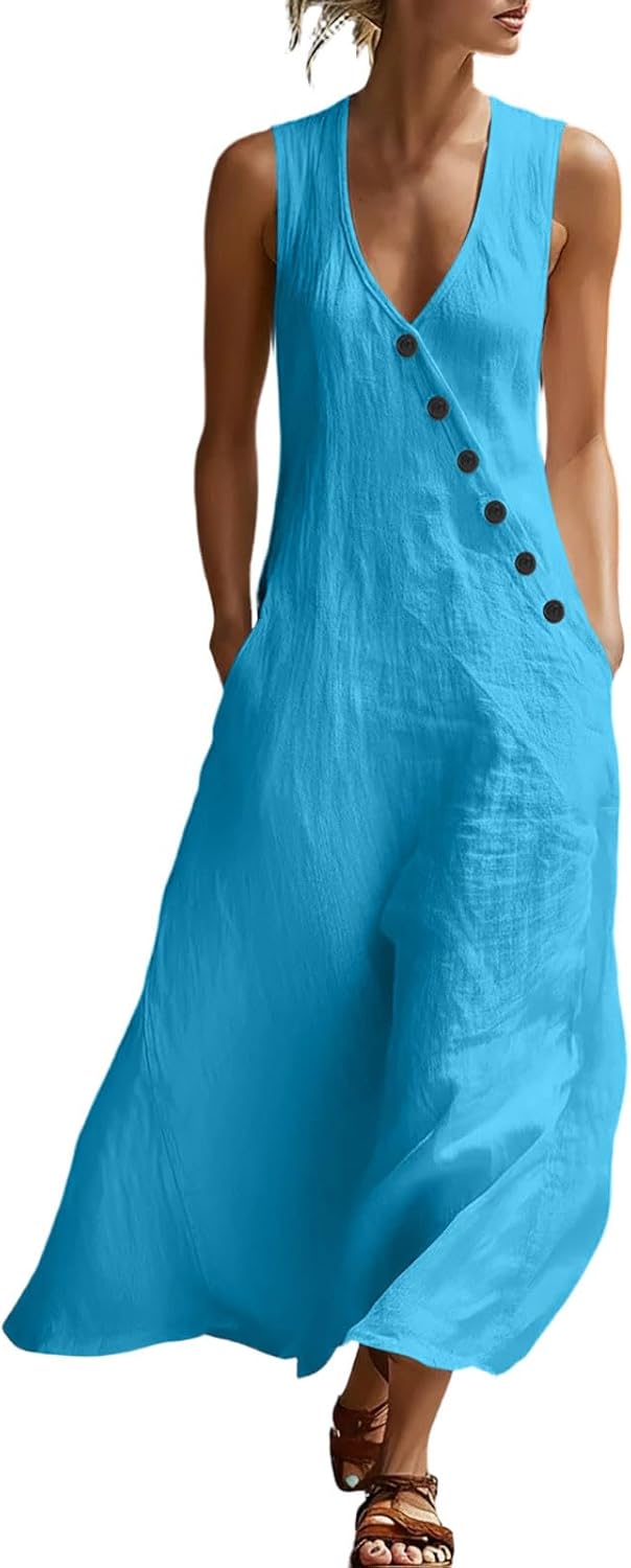 Laura Abito Donna – Abito Midi Cotone Scollo a V Senza Maniche Bottoni Taglio A-Line Estate