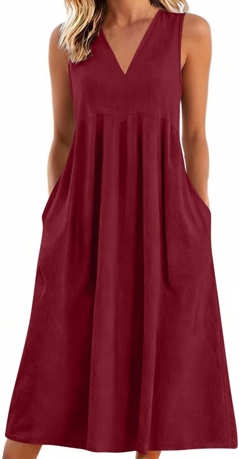 Lina Robe Femme – Robe Maxi Lin Col V Sans Manches Poches Fluide Été