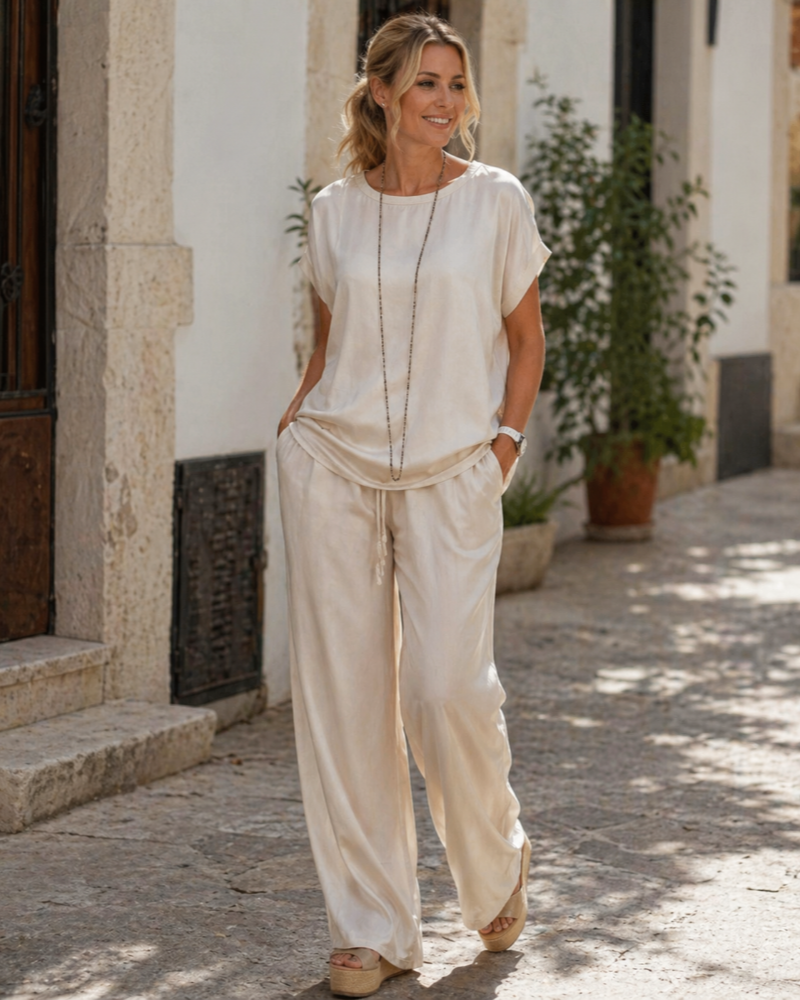 Portia Ensemble Satin Femme – Zestaw 2 części: szerokie spodnie i elegancki zwiewny top