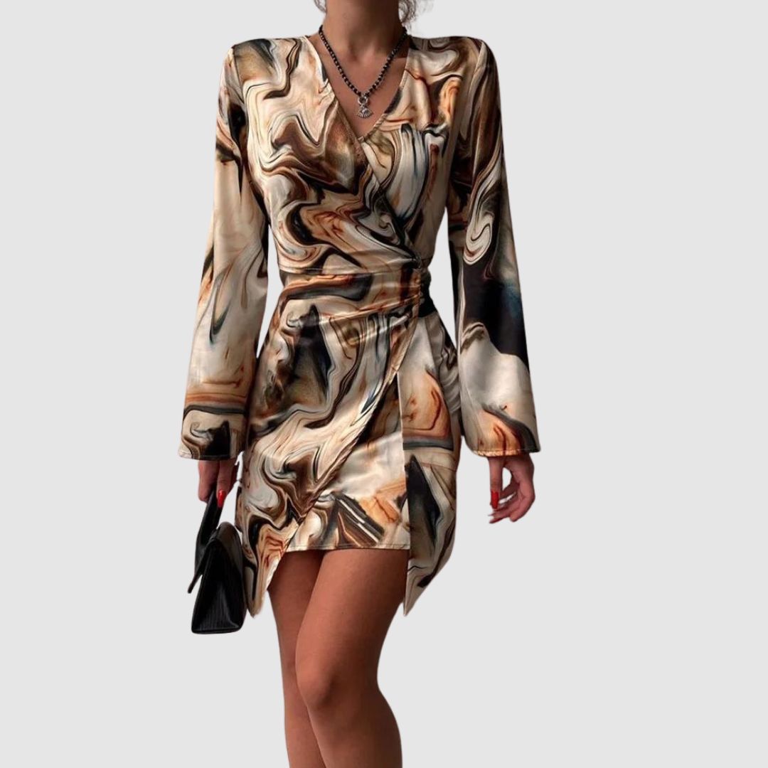 Jena Wickelkleid für Damen – Textdruck, V-Ausschnitt, elegante lange Ärmel