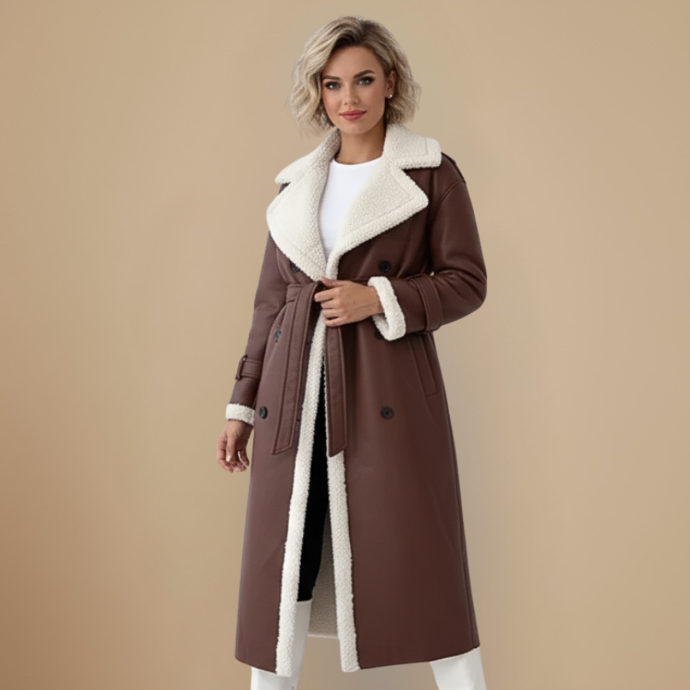 Rinna Casaco Longo Mulher – Casaco com Duplo Abotoamento Efeito Camurça com Gola Forrada & Estilo Chic