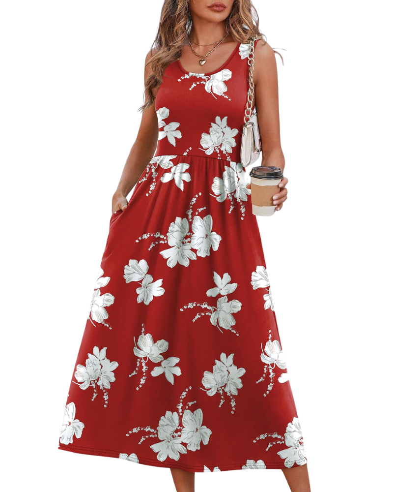 Vestido Midi Jensy Feminino – Vestido Fluido Corte A com Bolsos, Cintura Império e Corte Elegante de Verão