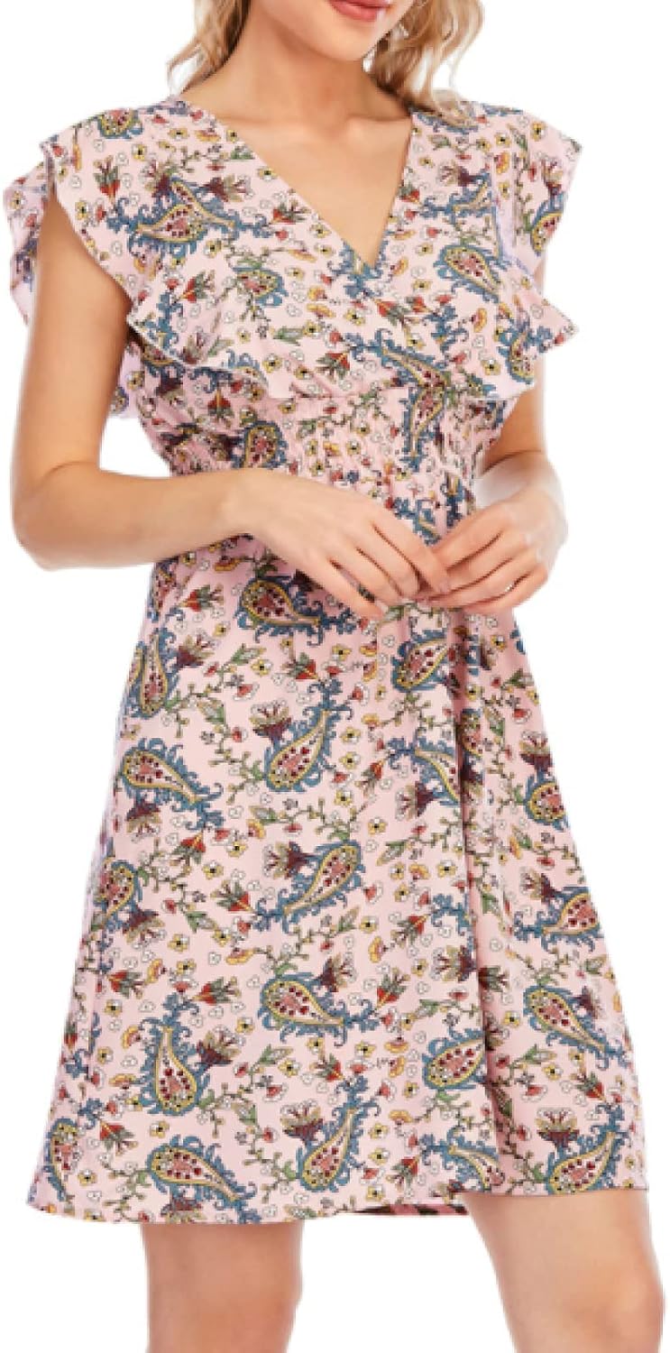 Celeste Robe Mini Femme – Mousseline Florale Col V Volants Rose