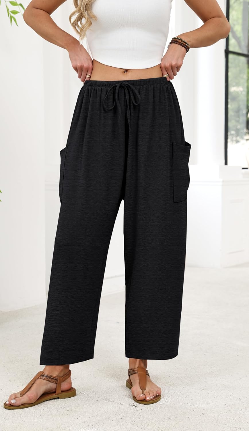 Maja Women's Pants – Large Flowing Palazzo with Elastic Waist & Pockets Summer
