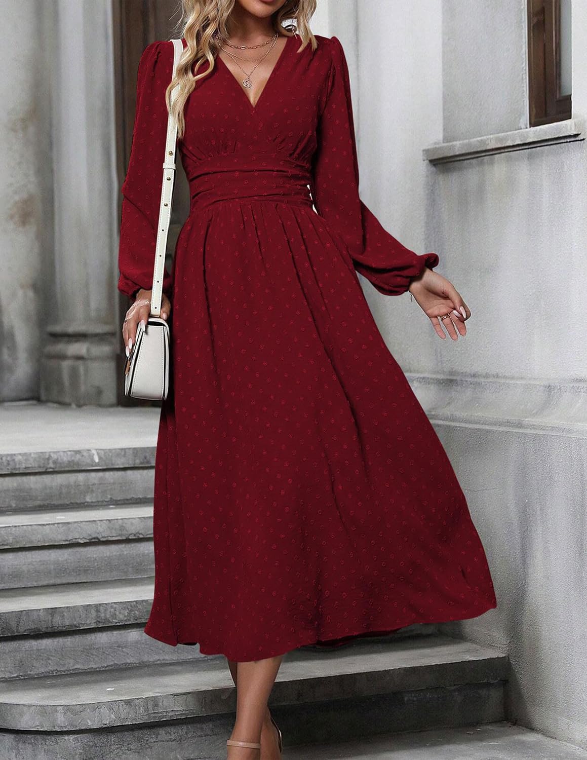 Aurélie Robe Élégante Femme – Robe Midi à Col V, Taille Haute et Manches Longues