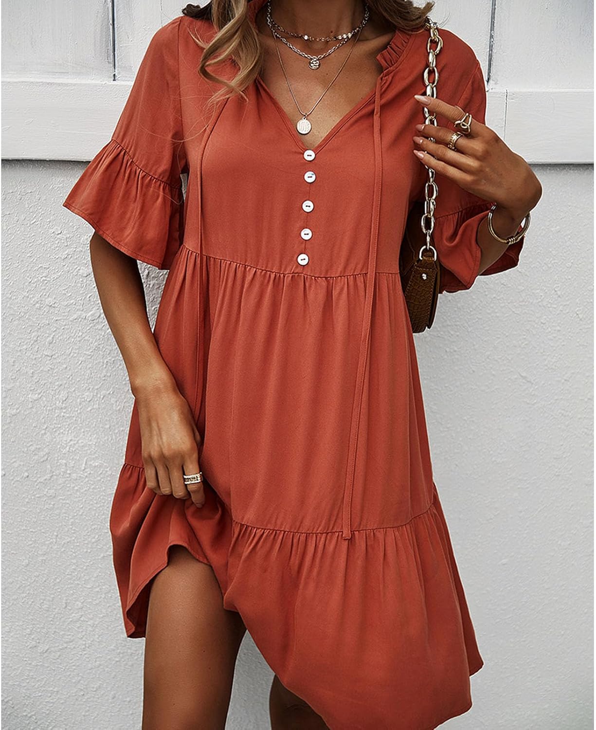 Emma Women's Dress – Elegant Summer A-Line Dress with V-Neck, Ruffles, and Short Sleeves