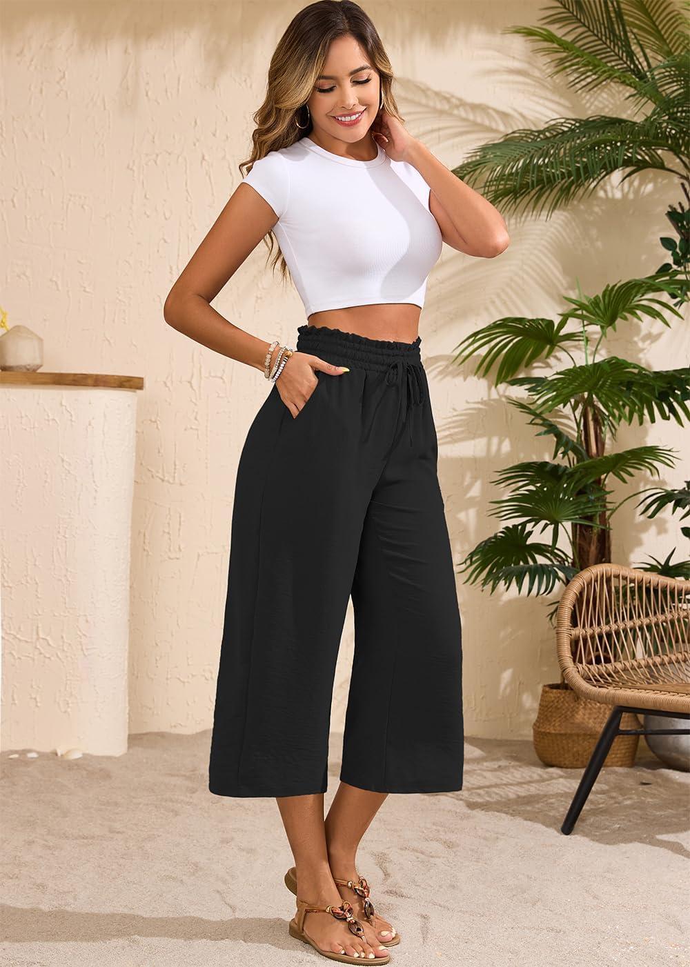 Joanna Women's Capri Pants – Wide Cut, High Elastic Waist, Lightweight Chic Summer