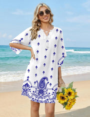 Fiona Robe Tunique Bohème Femme – Robe Fleurie Col V avec Poches Longueur Genou