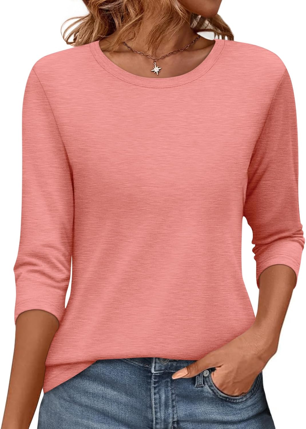 Julie T-Shirt Femme – Haut Basique Col Rond Manches 3/4 Léger Décontracté