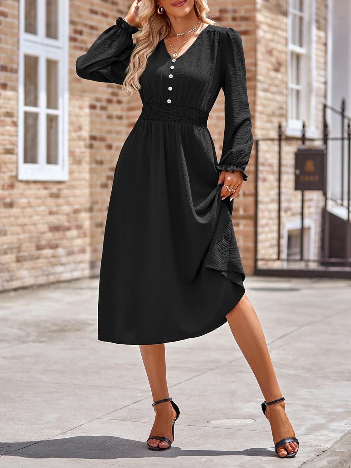 Emma Robe Femme Midi – Robe Col V Manches Longues Taille Haute A-Line Élégante