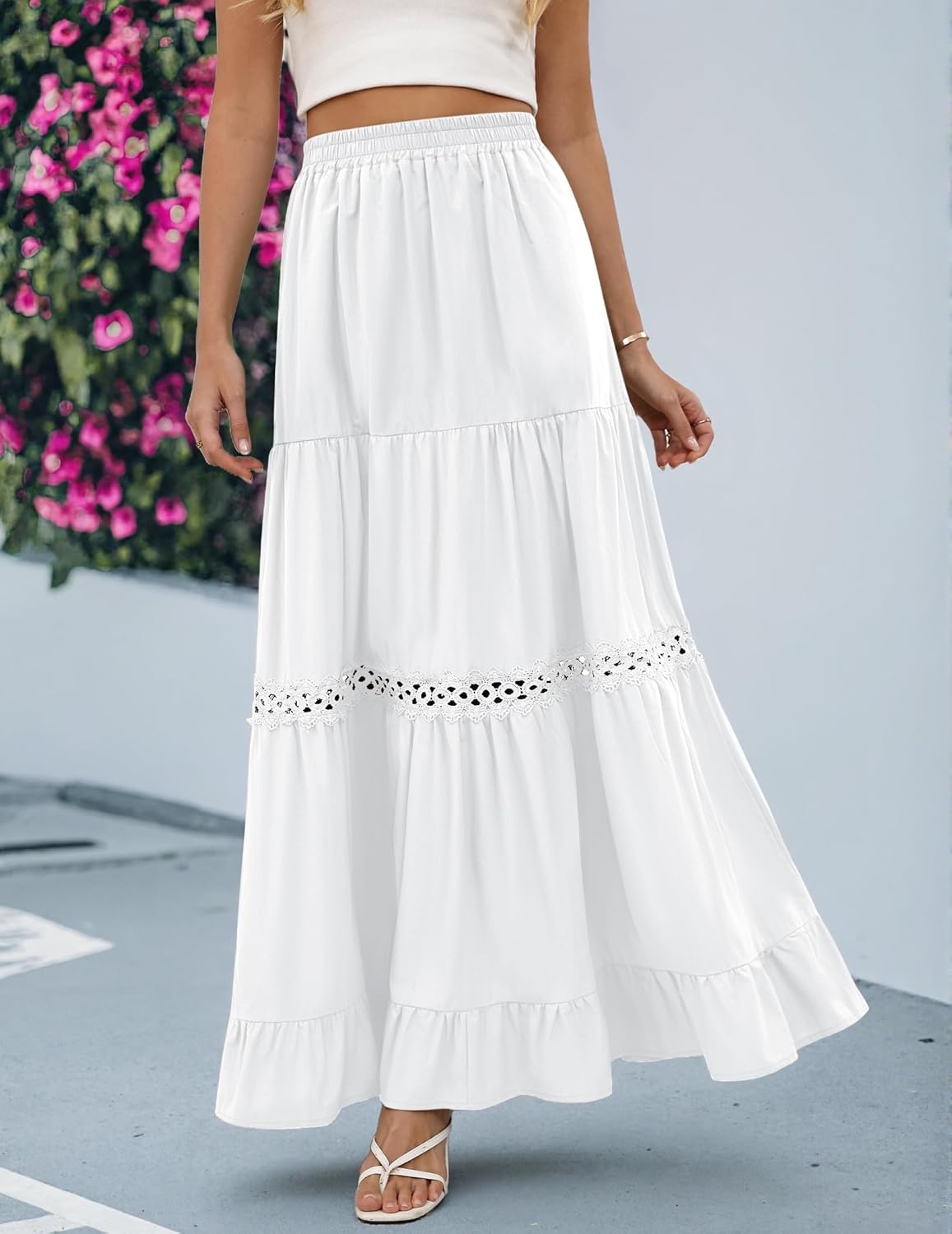 Falda Edith Jupe Maxi para Mujer – Falda Bohemia de Algodón, Encaje de Crochet y Volantes
