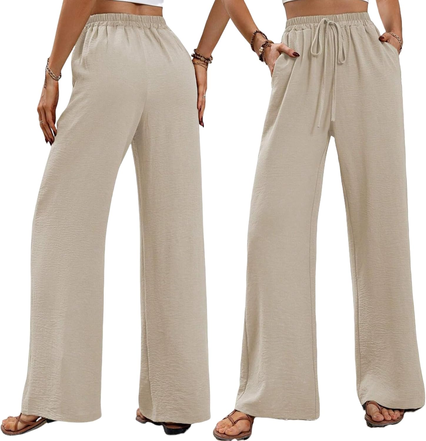 Sophie Pantalon Femme en Lin – Pantalon Large Taille Haute à Cordon et Poches
