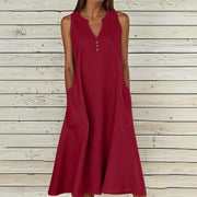 Camille Vestido Mulher – Vestido Maxi Linho Decote em V Sem Mangas com Botões Bolsos Verão