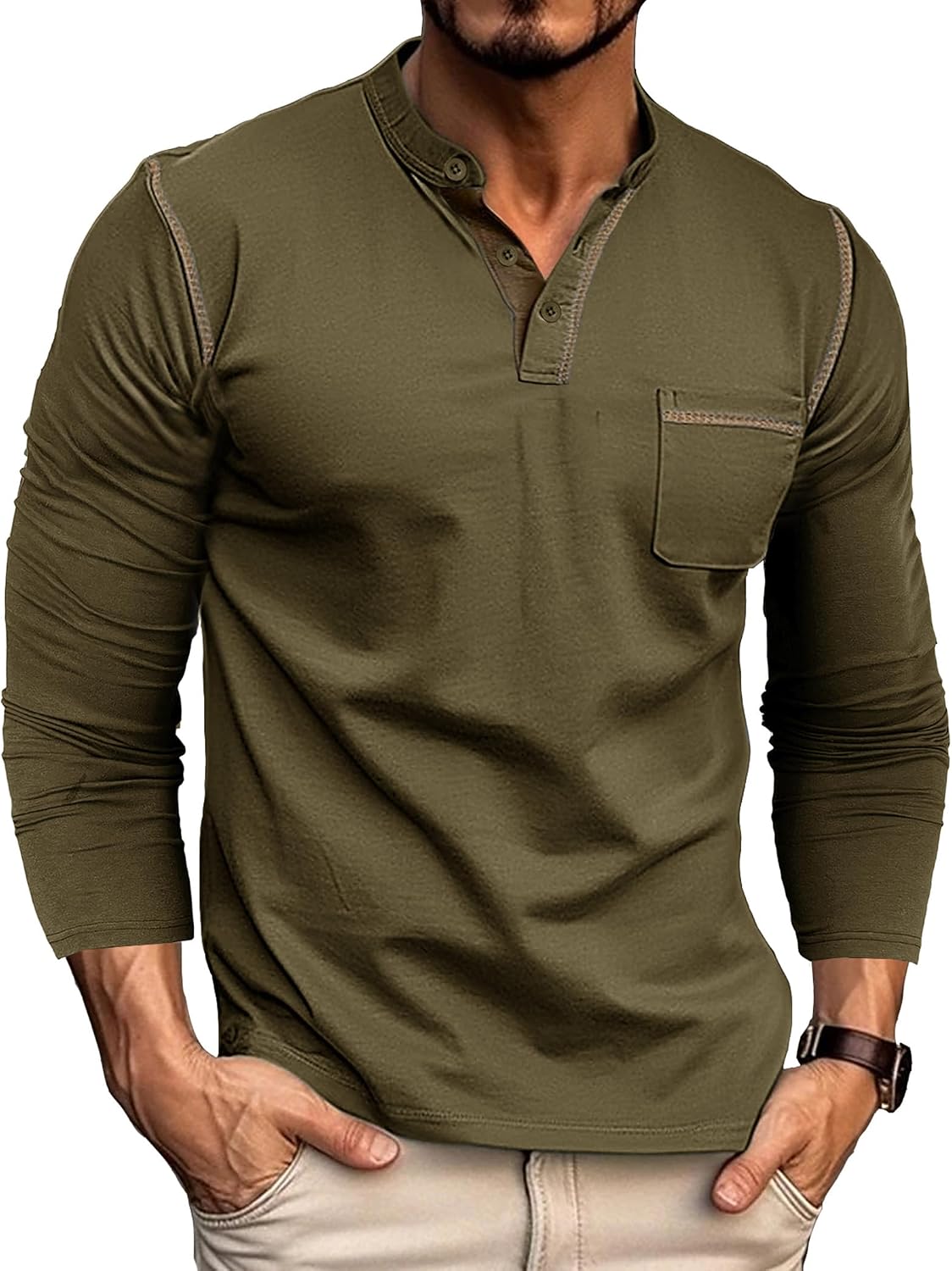 Pánské tričko Owen Henley – dlouhý rukáv, bavlněné s knoflíky