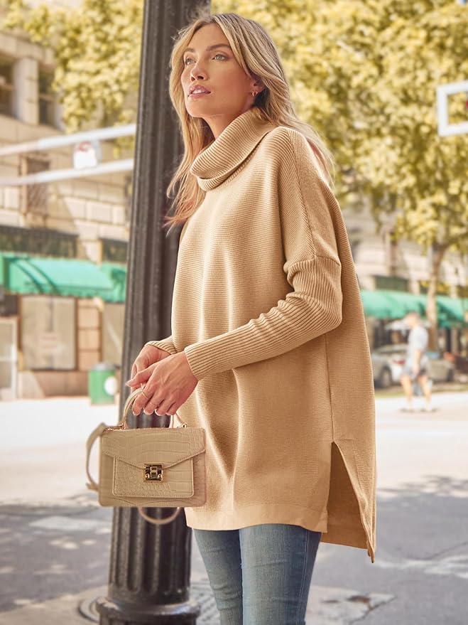 Ava Dámský Dlouhý Svetr s Rolákem Oversize – Teplý Žebrovaný Tunika Svetr v Elegantním Stylu