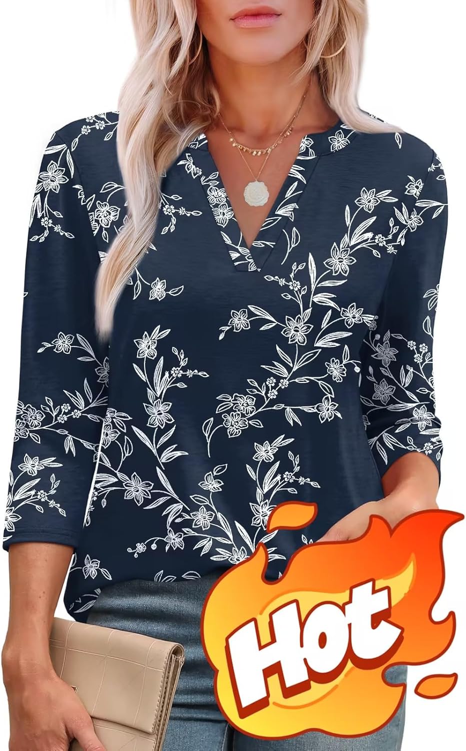 Lina Bluse Dame – Top med 3/4 ærmer, V-hals, elegant og flydende tunika