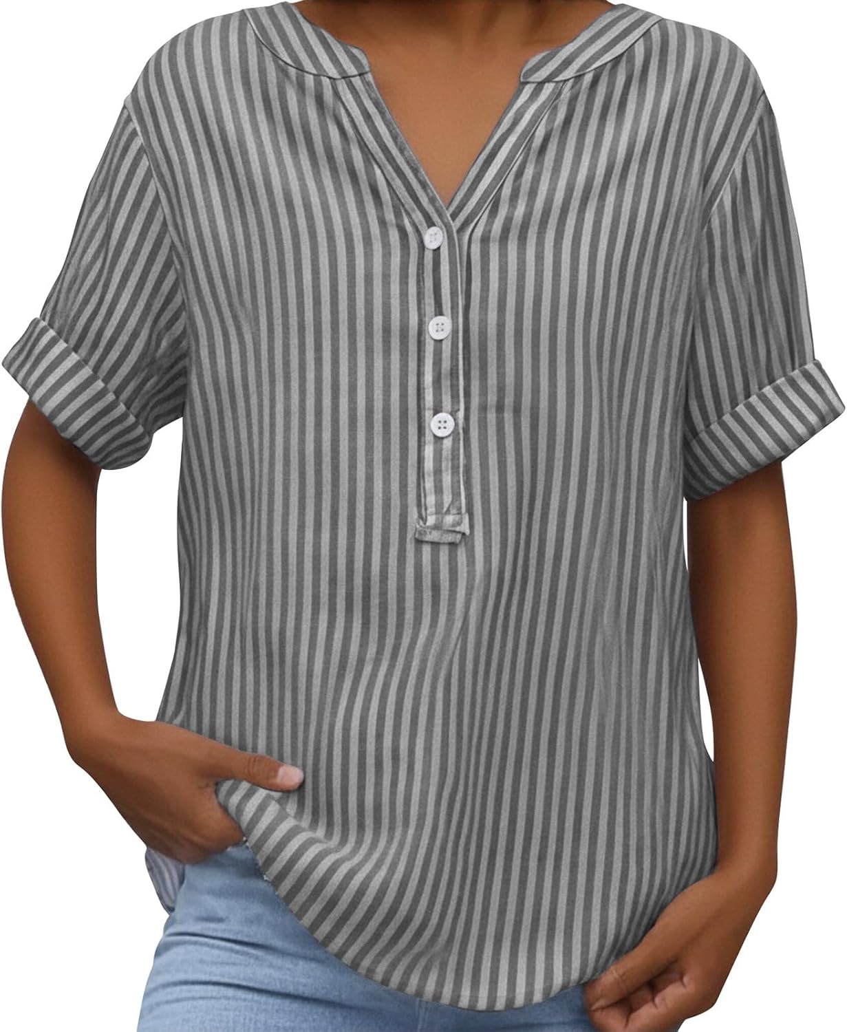 Solen Blouse Femme Rayée – Haut Col V à Boutons Style Henley