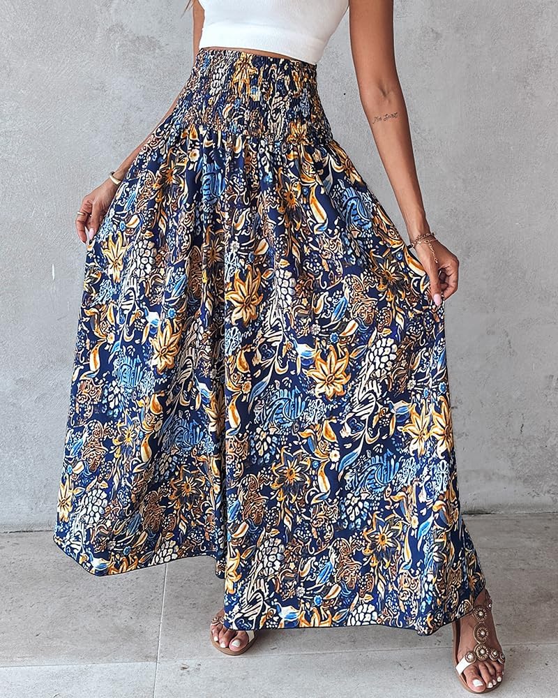 Purple Women's Pants – Floral Palazzo with Smocked Waist, Wide & Pockets Summer
